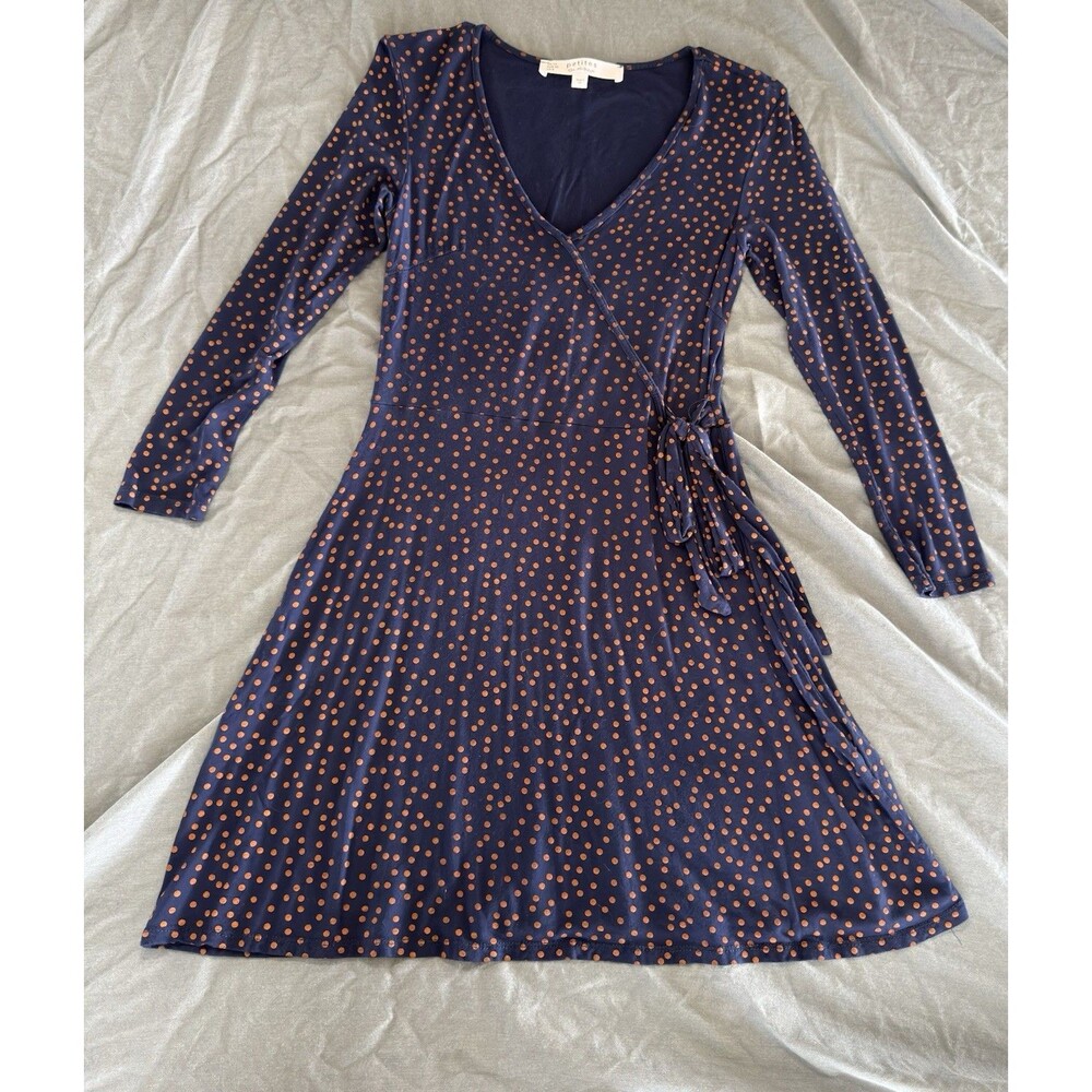Miss Selfridge Women Petites Blue Orange Polka Dot V-Neck Tie Waist Sz 8 Dress